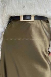 Lamelif Düz Saten Çan Etek  Haki