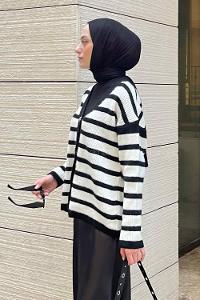 Lamelif  Kalın Çizgili Yumoş Hırka Beyaz -Siyah