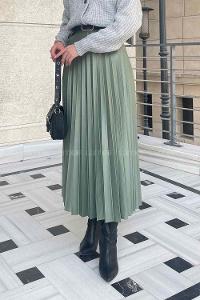 Plum Green Cotton Unprinted Pleated Skirt
