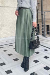 Plum Green Cotton Unprinted Pleated Skirt