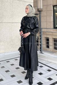 Black Shirt Collar Long Arm Faux Leather Skirt Suit