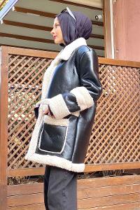 Black Lower V Neck Faux Leather Coat