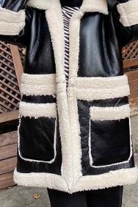 Black Lower V Neck Faux Leather Coat