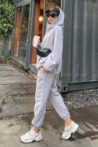 Lamelif Paça Lastikli Üç İplik Sweat Tesettür Takım Gri