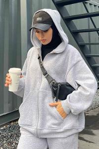 Lamelif Paça Lastikli Üç İplik Sweat Tesettür Takım Gri