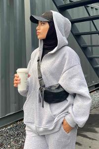 Lamelif Paça Lastikli Üç İplik Sweat Tesettür Takım Gri