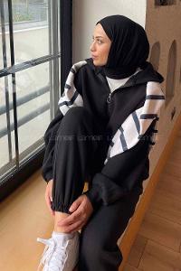 Lamelif Paça Lastikli Üç İplik Sweat Takım Siyah