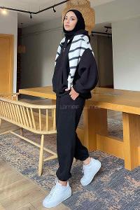 Lamelif Paça Lastikli Üç İplik Sweat Takım Siyah