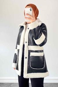 White Black Lower V Neck Faux Leather Coat