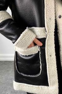 White Black Lower V Neck Faux Leather Coat