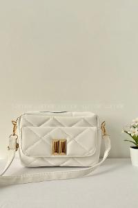 Lamelif Kapak Kilitli Vintage Çapraz Çanta Beyaz