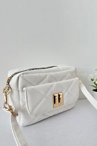 Lamelif Kapak Kilitli Vintage Çapraz Çanta Beyaz