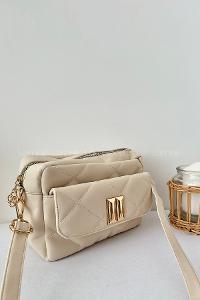 Lamelif Kapak Kilitli Vintage Çapraz Çanta Krem