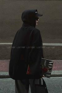 Lamelif Ön Fermuarlı Düz Sweatshirt Siyah