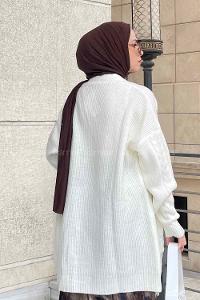 Lamelif Kol Örgü Detaylı Hırka Ekru