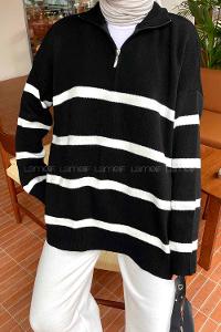 Lamelif Sebastian Fermuarlı Çizgili Kazak Siyah