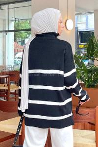 Lamelif Sebastian Fermuarlı Çizgili Kazak Siyah