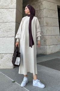 Lamelif Balon Kol Triko Tesettür Elbise  Bej