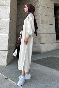 Lamelif Balon Kol Triko Tesettür Elbise  Bej