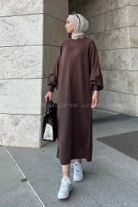 Lamelif Balon Kol Triko Elbise Acı Kahve