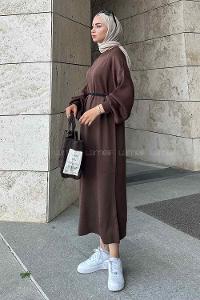 Lamelif Balon Kol Triko Elbise Acı Kahve