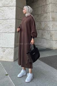 Lamelif Balon Kol Triko Elbise Acı Kahve