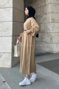 Lamelif Balon Kol Triko Tesettür Elbise Sütlü Kahve