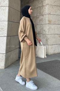 Lamelif Balon Kol Triko Tesettür Elbise Sütlü Kahve