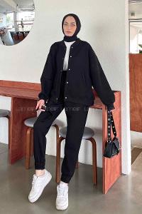 Black Polo Neck Collar Long Arm Cotton Fabric Elastic Trousers Comfortable Suit