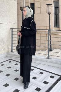 Black Mock Turtle Neck Long Arm Without Accessories Knitwear Regular Trousers Comfortable Suit