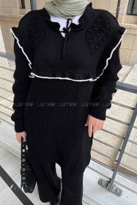 Black Mock Turtle Neck Long Arm Without Accessories Knitwear Regular Trousers Comfortable Suit