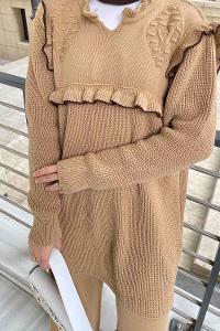 Lamelif Fırfırlı Triko İkili Tesettür Takım Sütlü Kahve