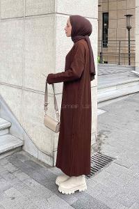 Lamelif Fitilli Triko Uzun Tesettür Elbise Acı Kahve