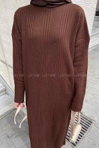 Lamelif Fitilli Triko Uzun Tesettür Elbise Acı Kahve
