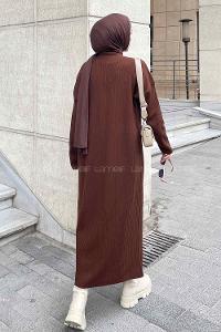 Lamelif Fitilli Triko Uzun Tesettür Elbise Acı Kahve