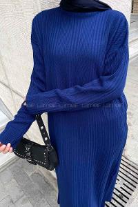 Lamelif Fitilli Triko Uzun Elbise Lacivert