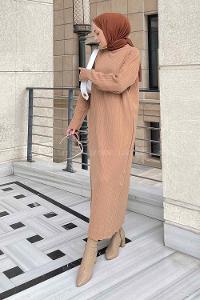 Lamelif Fitilli Triko Uzun Tesettür Elbise Sütlü Kahve