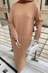 Lamelif Fitilli Triko Uzun Tesettür Elbise Sütlü Kahve