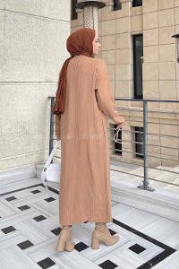Lamelif Fitilli Triko Uzun Tesettür Elbise Sütlü Kahve