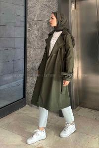Khaki Long Arm Belted Cotton Trench Coat