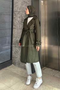 Khaki Long Arm Belted Cotton Trench Coat