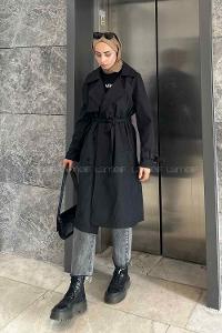 Black Long Arm Belted Cotton Trench Coat