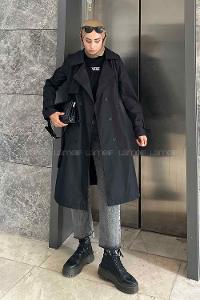 Black Long Arm Belted Cotton Trench Coat