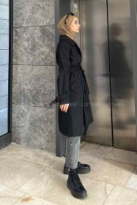 Black Long Arm Belted Cotton Trench Coat