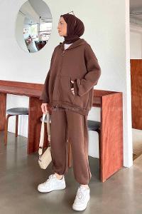 Lamelif Paça Lastikli Üç İplik Sweat Takım Acı Kahve