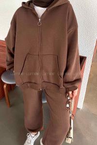 Lamelif Paça Lastikli Üç İplik Sweat Takım Acı Kahve