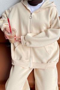 Cream Hood Neck Long Arm With Zipper Cotton Fabric Elastic Trousers Comfortable Suit