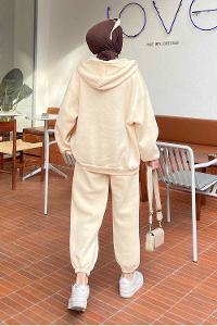 Cream Hood Neck Long Arm With Zipper Cotton Fabric Elastic Trousers Comfortable Suit
