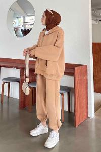 Brown With Milk Hood Neck Long Arm With Zipper Cotton Fabric Elastic Trousers Comfortable Suit