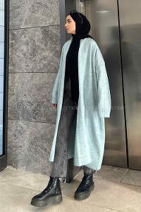 Lamelif Yıkamalı Uzun Triko Salaş Hırka Su Yeşili